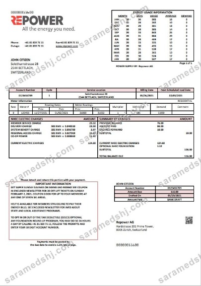 Switzerland Repower AG utility bill template, fully editable in Word and PDF format